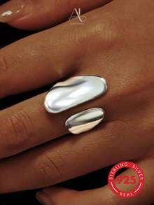 1pc S925 Sterling Silver Minimalist Versatile Polished Wide Band Punk Style Asymmetrical Open Adjustable Women's Ring, Couple Ring, Daily Wear Holiday Gift - Silver - View 2