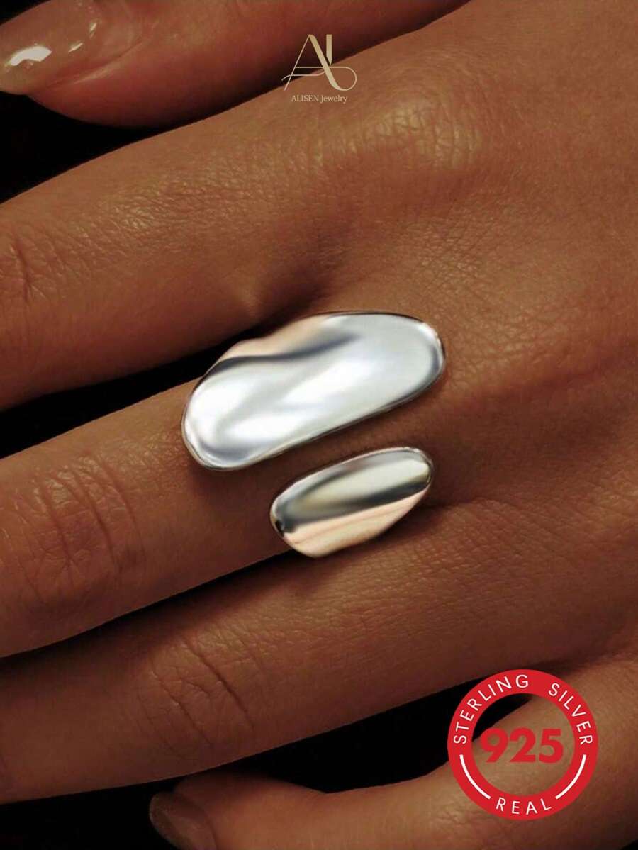 1pc S925 Sterling Silver Minimalist Versatile Polished Wide Band Punk Style Asymmetrical Open Adjustable Women's Ring, Couple Ring, Daily Wear Holiday Gift