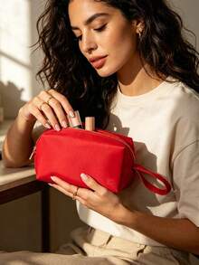 Bright Red Satin Makeup Bag With Embossed Horse & Rider Logo, Gold Zipper, Portable Handle, Large Capacity Travel Toiletry Bag, Luxury Gift For Women BURBERRY-GIFT-16 - Brown - View 6