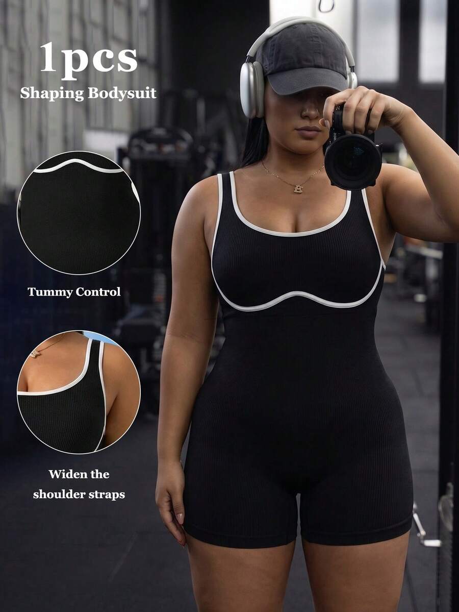 Plus Size Contrast Color U-Neck Ribbed Romper, High Elastic Breathable Slimming Workout Romper Sports - Black - View 1