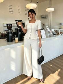 Spring/Summer Graduation Season Latest Design Waist Cinching Button-Up Shirt Collar Top & Straight Leg Pants Women 2 Pieces Set - Apricot - View 1