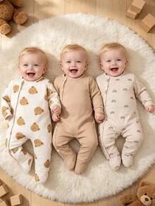 Lurzo 3 Styles Minimalist Cute All-Over Print Teddy Bear Rainbow Stripe Pattern Round Neck Long Sleeve Jumpsuit, Openings At Legs And Ankles, Suitable For Spring And Autumn Baby Girls, Front Snap Design For Easy On And Off, Multiple Styles, Perfect As Baby Gift - Multicolor - View 1