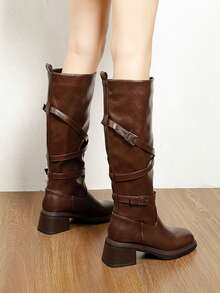 Women's Autumn/Winter Outdoor Mid-Calf Chunky Heel Boots, Solid Color Western Style Microfiber Leather Buckle Flat Mid-Calf Boots For Outdoor - Camel - View 8