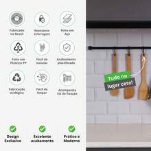 Barra de Utensílios de Cozinha 60cm com 4 Ganchos – Organizador de Parede para Cozinha - Preto - Visão 2