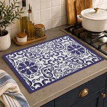 1pc Blue Bohemian Diatomaceous Earth Absorbent Mat, Kitchen Countertop Water-Absorbing Drying Mat, Coffee Machine Mat, Pour-Over Coffee Pot Mat, Dish Draining Mat, Non-Slip Heat-Resistant Kitchen Mat, Dining Table Mat, Breakfast Mat, Washing Machine Mat, Home Kitchen Dining Table Coffee Shop Bar Decor Mat, Holiday Party Housewarming Gift - Multicolor - View 4