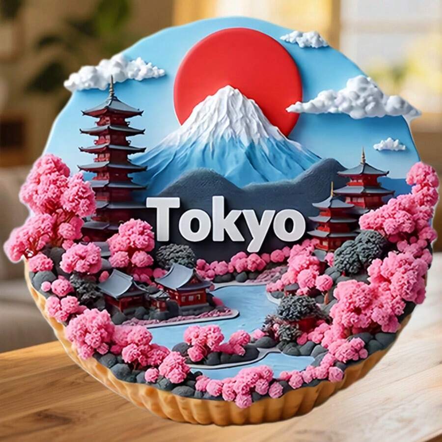 東京紅日富士山與雙塔之花湖磁鐵,城市黎明柔光金輝,適用於家中所有金屬表面的紀念品 - C - 查看 1