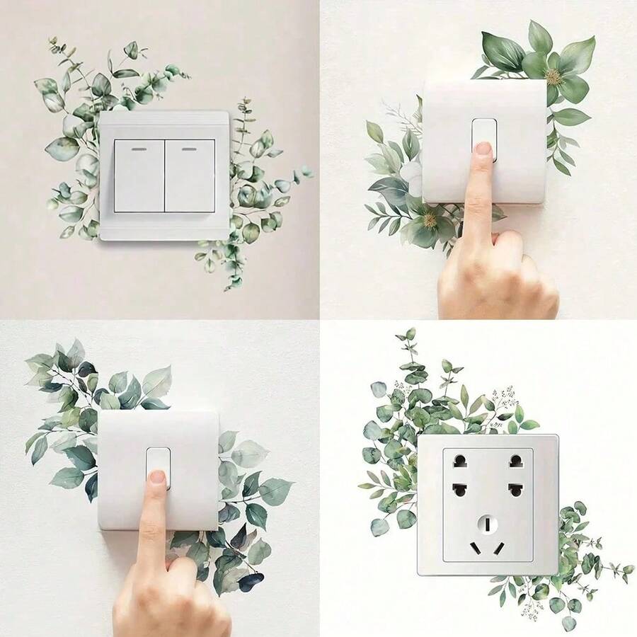 4/1pc Minimalist Green Plant Leaf Switch Socket Wall Sticker, Switch Decorative Sticker, Multiple Styles Green Plant Design, Self-Adhesive Floral Pattern, Easy To Apply, Suitable For Bathroom, Home Decor, Kitchen Room Wall Decoration - A - View 1