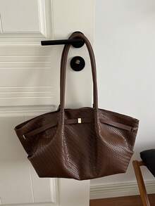 Korean Retro Woven Pattern Elegant Tote Bag New Large Capacity Casual Commute Shoulder Underarm Bag - Coffee Brown - View 9