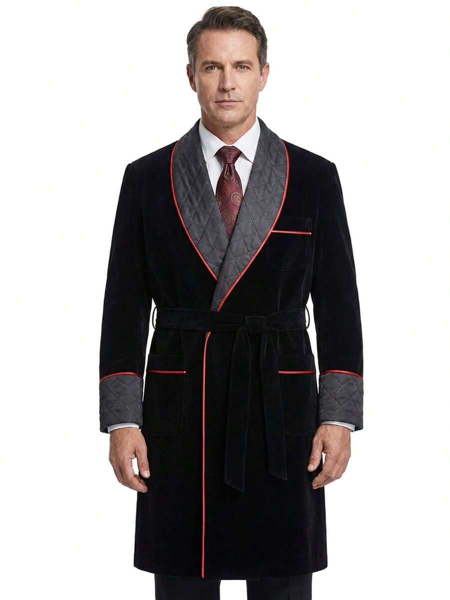 PilvRiided Men's Black Velvet Long Smoking Jacket Robe With Contrast ...