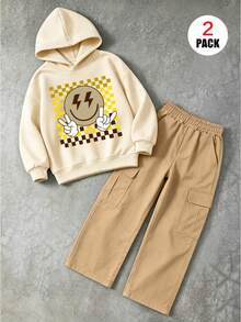2pcs/Set Pakaian Kasual Anak Laki-laki, Termasuk Hoodie Motif Senyum Petir + Celana Kargo, Lembut dan Nyaman, Pakaian Musim Gugur/Musim Dingin - MultiWarna - View 2