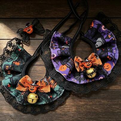 2pcs Halloween Pet Accessories Set, Bell Lace Pet Collar Bowtie + Pumpkin Hair Clip, Puppy Cat Halloween Party Decoration
