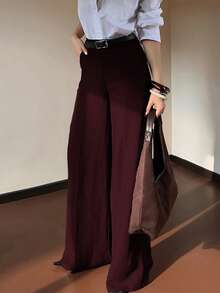 DONICY Fashionable Elegant Women's Spring/Summer Beige Linen Blend High Waist Tie Wide Leg Pants, Loose And Comfortable - Burgundy - View 9