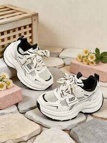 New Kids Breathable Mesh Thick Sole Chunky Sneakers, Hook And Loop Easy On/Off Girls Sports Shoes, Anti-Slip Shock-Absorbing Thick Sole School Shoes, Boys And Girls Fashionable Elegant Autumn Shoes, Versatile Daily Walking School Shoes For Girls - Black - View 6