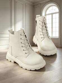 1 Pair Minimalist Kids' Boots, Soft PU Front Lace-Up With Inner Zipper Design, Versatile British Style All-Match Ankle Boots, Suitable For Daily Wear, School, Vacation And Outdoor, Autumn/Winter New Arrival - Beige - View 6