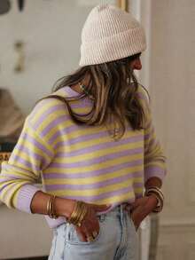 Women's Clothing, Beautiful Sweater, Striped Long Sleeve Pullover Top, Elegant Casual For Daily Wear And Vacation, Spring Autumn Winter - Mauve Purple - View 3