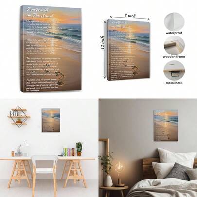 Footprints In The Sand Poem Paintings Print Poster Classic Framed Canvas Wall Art For Home Bedroom Office Living Room Decor Or Personal Space Framed 8 * 12 Inch