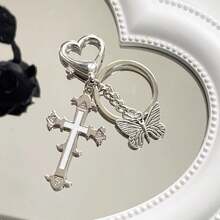 2 Pcs Y2K Gothic Cross Butterfly Keychain, Zinc Alloy Silver‑Tone Punk Bag Charm, Aesthetic Alt Backpack Pendant Decor Gift For Women Girls - Multicolor - View 4