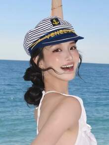 Blue Stripe Navy Cap, Summer Seaside Vacation Style, Large Brimmed Hat For Women, Sun Protection, Sunshade, Sailor's Cap. - Multicolor - View 5