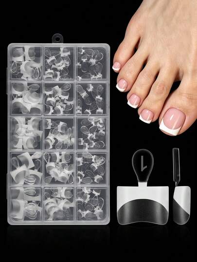 150pcs White French Tip Half Cover Toe Nail Tips, Transparent Soft Gel Fake Toenails, Pointed Square Medium Width, Suitable For Men And Women, Acrylic Nail Art, 15 Sizes