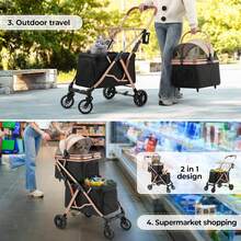 3-In-1 Foldable Dog Buggy Up To 20kg | Foldable Cat Stroller, Pet Buggy With 4 360° Rubber Wheels, With Storage Basket And Cup Holder - 金+黑 - 查看 3
