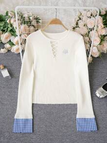 Women's Ribbed Knit Sweater Round Neck Long Sleeve Top With Cross Tie Hollow Design Plaid 2 In 1 Cuffed Sleeves Slim Fit Base Layer Sweet Pure Desire Young Lady Spicy Girl Style Autumn Daily Commute Date Inner Wear - White - View 7