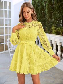 Simplee Gaun Pendek Wanita Musim Gugur Baru Elegan Warna Polos dengan Pinggang Renda Ketat, Cocok untuk Kencan, Pesta, dan Liburan - Kuning - View 4