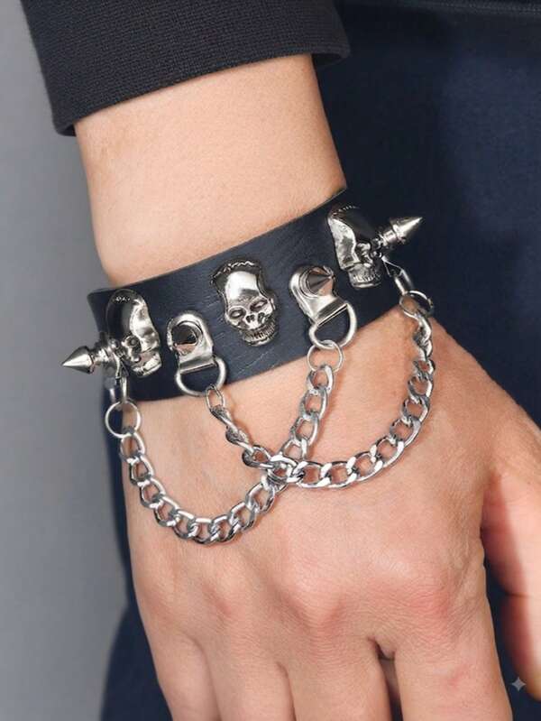 1pc Punk Rivet Star PU Leather Bracelet, Unisex, Suitable For Hip Hop, Gothic, Dark Rock Style Accessories, Heart Chain, Hip Hop Accessory