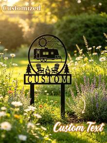 Customizable Family Name RV Camping Metal Yard Sign, Outdoor Camping Theme Garden Lawn Decor, Weather-Resistant Metal Silhouette Art, Suitable For Backyard Campsite Farmhouse Patio, Personalized Text Camper Decor Gift - Multicolor - View 2