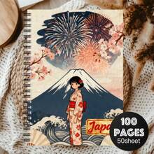 1pc Aesthetic Travel Theme Spiral Notebook, Personal Notebook Perfect Gift, Watercolor Japanese Cherry Blossom Pagoda Scenery Office Planner For Journaling, Daily Note Taking - One Book (50 Pages, 100 Pages) - View 11