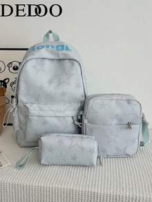 Dedoo 3‑Pcs Backpack Set,Star & Letter Print,Color‑Block Drawstring Zipper,Large Capacity,School Bookbag,College University Campus Daily Student Bag - Blue - View 11