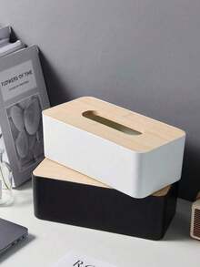 1pc Minimalist Wooden Lid Plastic Tissue Box, Black & White Dual Color Optional, Suitable For Home Dining Table, Office, Hotel Guest Room, Restaurant Tabletop Tissue Box Decoration - Multicolor - View 9