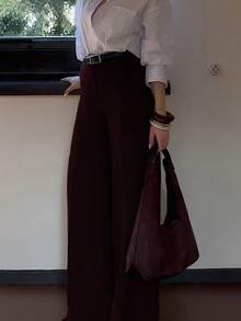 DONICY Fashionable Elegant Women's Spring/Summer Beige Linen Blend High Waist Tie Wide Leg Pants, Loose And Comfortable - Burgundy - View 7