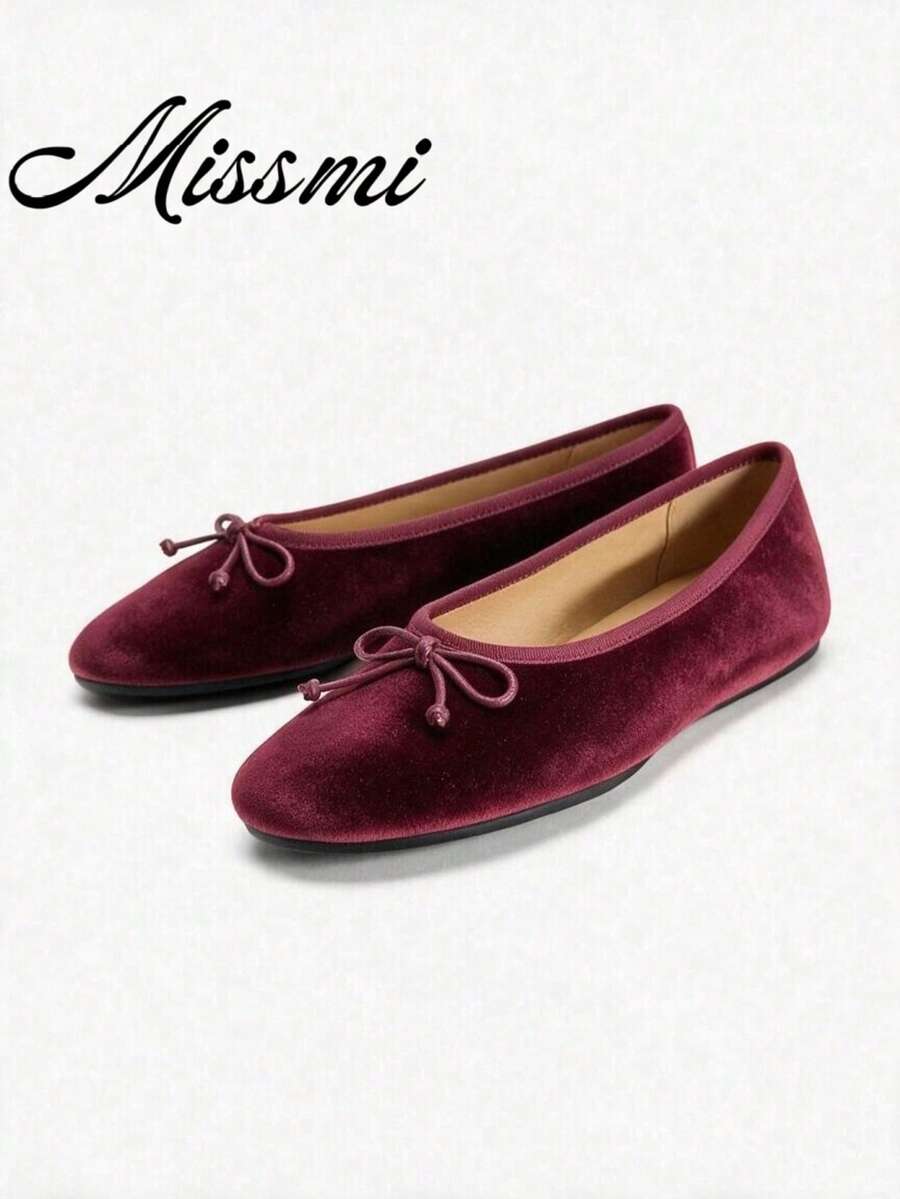 2026 Spring/Summer New Women's Bow Decor Ballet Flats - Burgundy - View 1