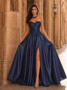 VIPGIRL Luxury Navy Blue Strapless High Slit A-Line Dress, Decorated With Exquisite Waist Accents Fall Elegant - 藏蓝色 - 查看 6
