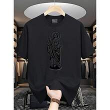 Almacenes locales,playeras de hombre,camisas para hombre,ropa de hombre,playeras de algodón para hombre,  Tadeo 180g camiseta de algodón blanco y negro,patrón de impresión religiosa - Negro - Ver 1