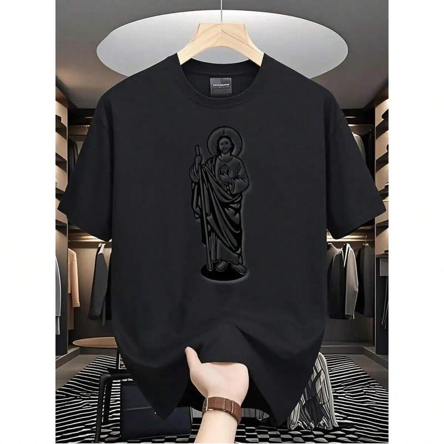 Almacenes locales,playeras de hombre,camisas para hombre,ropa de hombre,playeras de algodón para hombre, Tadeo 180g camiseta de algodón blanco y negro,patrón de impresión religiosa - Negro - Ver 1