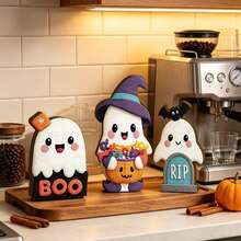 3pcs Cute Cartoon Ghost Wooden Desktop Decor Set, Witch Hat Ghost With Pumpkin Candy, BOO Letter & Tombstone Bat Design, Halloween Tiered Tray Decoration, Spooky Autumn Farmhouse Style Tabletop Bookshelf Fireplace Mantel Centerpiece Ornament, Home Halloween Party Indoor Use - Multi-color a - View 3