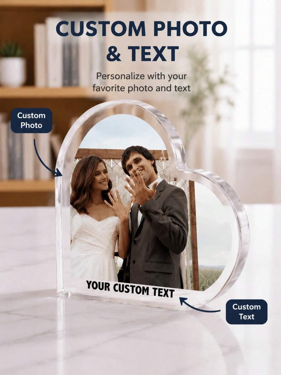 Custom Photo & Text Heart-Shaped Acrylic Ornament, Personalized Wedding Keepsake Gift, Transparent Heart-Shaped Acrylic Block (Includes Customized Image, Name & Message), Romantic Couple Anniversary Gift, Valentine's Day Gift, Wedding Memory Decor, Unique Personalized Home Decor, Home Decoration, Room Decoration, Personalized Gift, Customized Gift - Multicolor - View 1