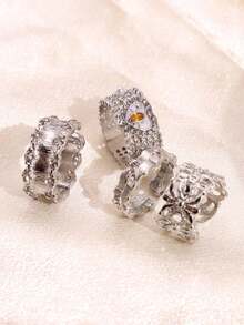 4pcs Vintage Fashion Unique Elegant Design Heart & Four-Leaf Clover Rings, Women's Daily, Holiday, Party, Wedding, Vacation Jewelry - Multicolor - View 5