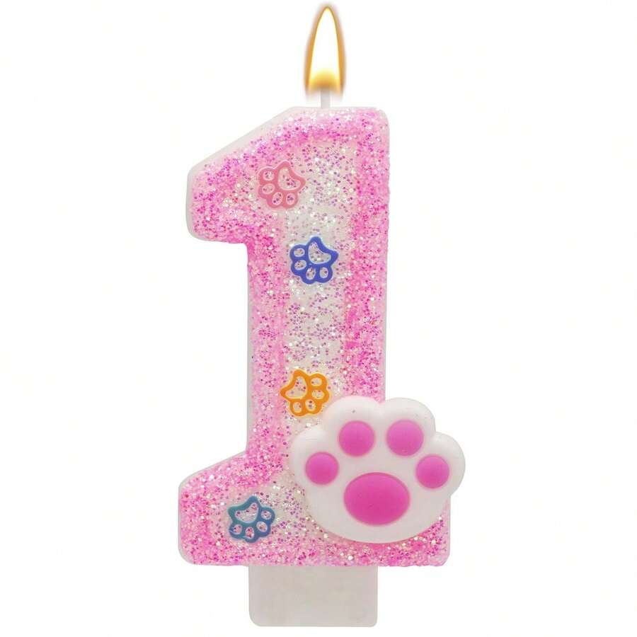 Pink Number Birthday Candles, Cat Paw Print Pet Theme Cake Decoration - Birthday Candles - View 1