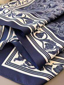 1pc Fashionable Women's Color Block Versatile Printed Polyester Scarf Square - Navy Blue - View 4