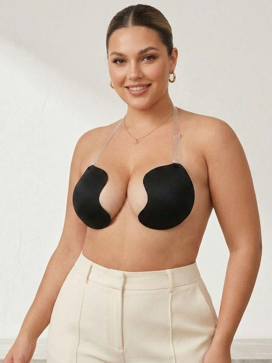 1pc Plus Size Mango Cup Adhesive Bra, Transparent Halter Strap, Push-Up Backless Bra, Suitable For Wedding And Evening Dress - Multicolor - View 1
