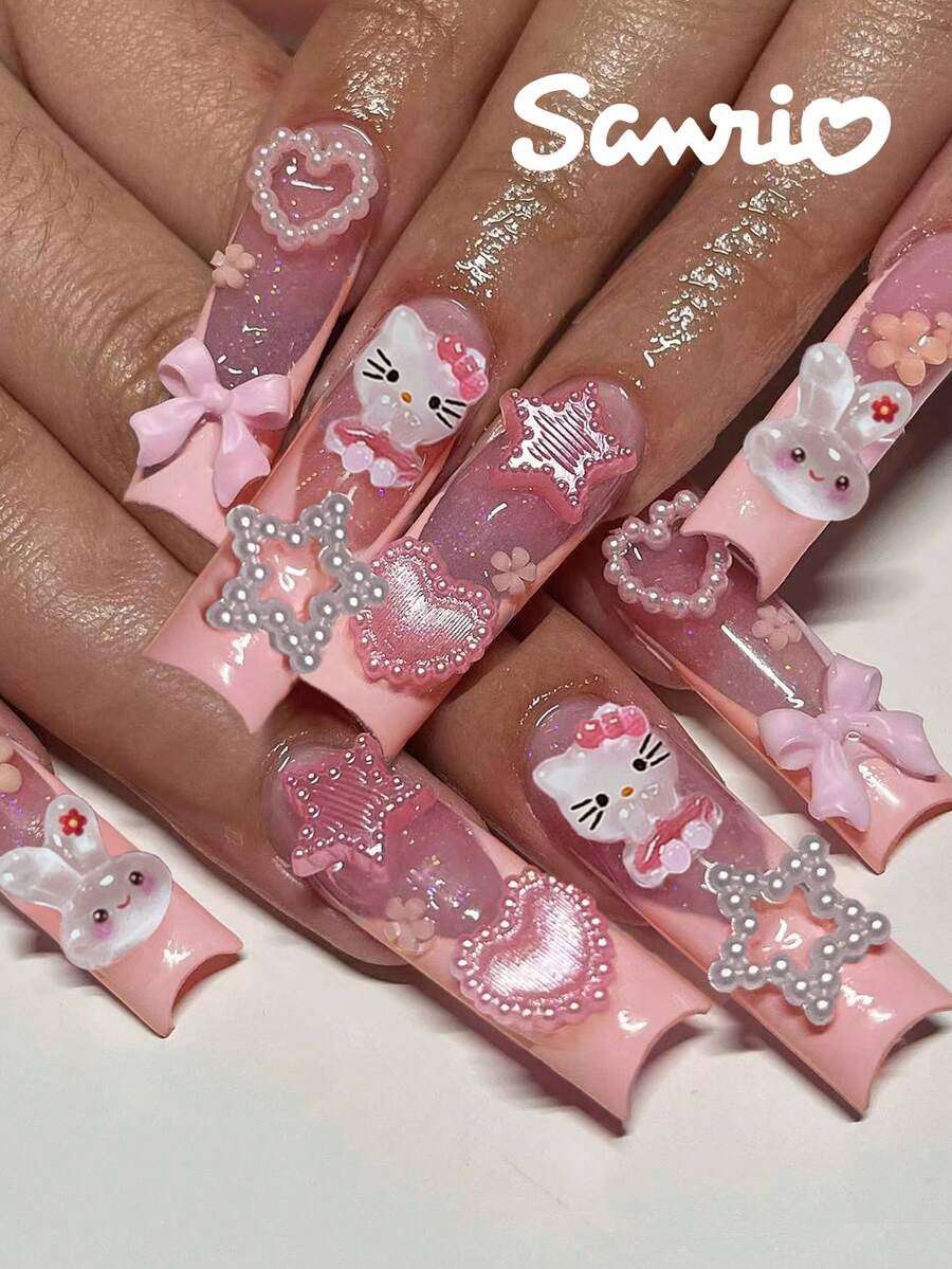 Sanrio Hello Kitty 24片長方形亮片法式穿戴甲,3D Hello Kitty、蝴蝶結、珍珠與花朵設計,完美貼合壓克力假指甲套組,含1片果凍膠與1片指甲锉,適合女孩日常與派對使用 - 彩色 - 查看 1