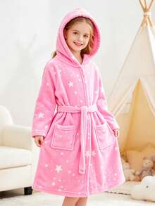 Tween Girl Star Print Hooded Belted Flannel Robe - Pink - View 3