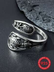 1pc Unique 925 Silver Resin Sea Turtle, Starfish & Shell Ring, Fashion Accessory For Women, Suitable For Vacation, Party, Wedding, Holiday Gift - Silver - View 3