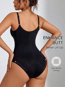 Suprenx Black Tummy Control Shapewear Bodysuit, Seamless V-Neck Adjustable Strap Slimming Shaper, Bodycon Sleepwear Lingerie - Black - View 2