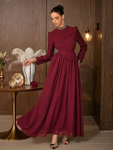 Elegant Women's Burgundy Formal Dress With Beaded Stand Collar, Long Sleeves And Flared Hem, Suitable For Charming Evening Events - Burgundy - View 7
