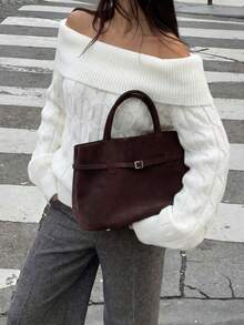 Pullover Wanita Putih Minimalis Modis Model Off-Shoulder Lengan Panjang Bergaris, Sweater Kasual Harian untuk Perjalanan, Liburan, Pesta, Kencan, Musim Gugur Musim Dingin - Putih - View 1