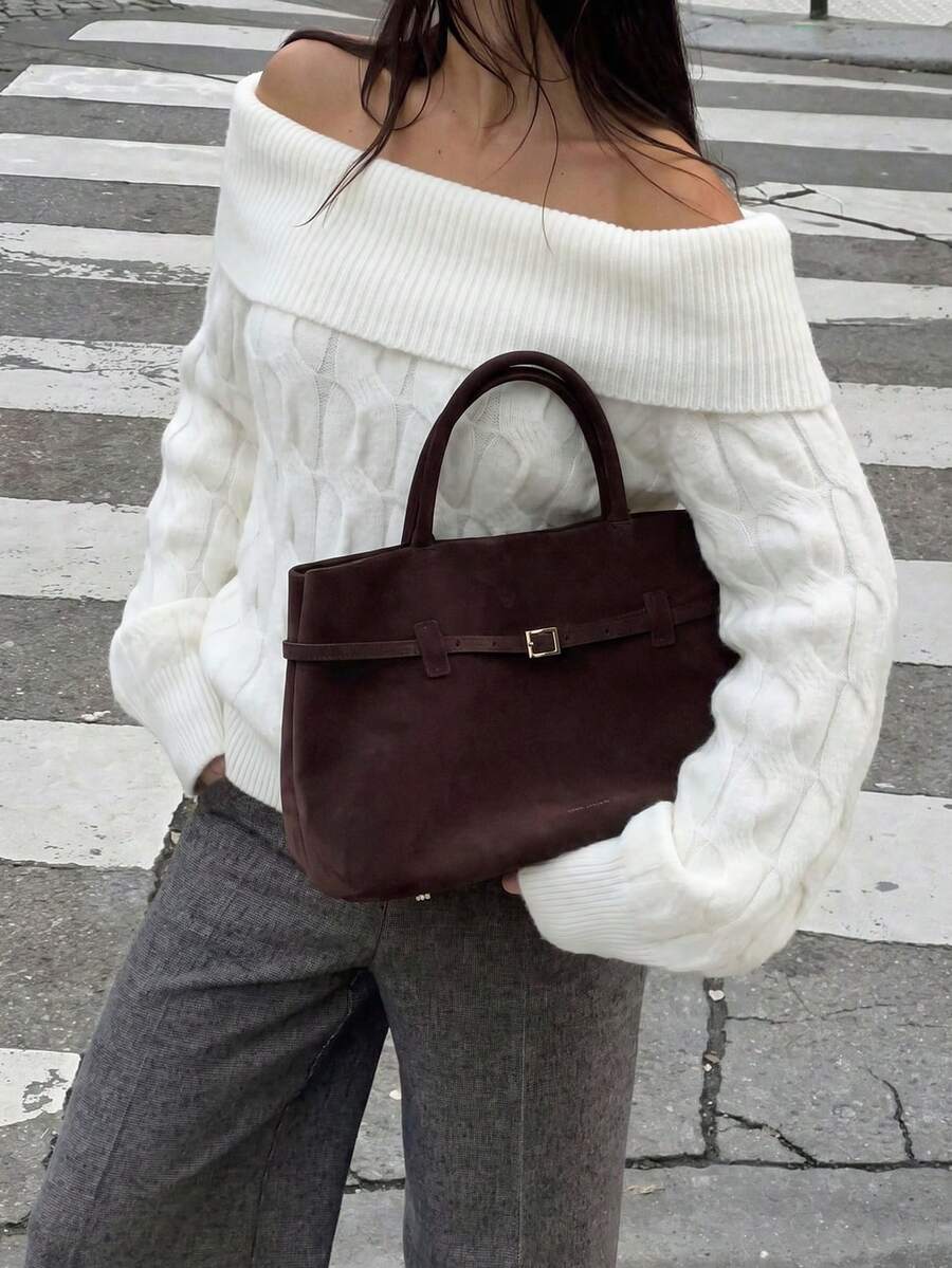 Pullover Wanita Putih Minimalis Modis Model Off-Shoulder Lengan Panjang Bergaris, Sweater Kasual Harian untuk Perjalanan, Liburan, Pesta, Kencan, Musim Gugur Musim Dingin - Putih - View 1