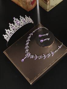 4pcs Elegant Rhinestone Queen Crown Necklace Set, Bridal Wedding Headpiece, Banquet Party Baroque Style Jewelry - Mauve Purple - View 4